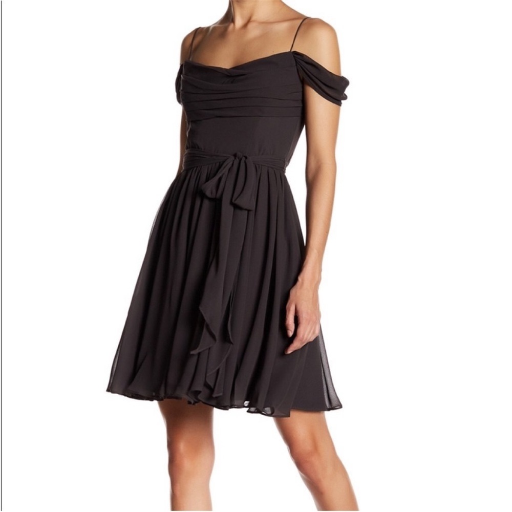 Vera Wang Navy Chiffon Off the Shoulder Charmeuse Formal Cocktail Dress